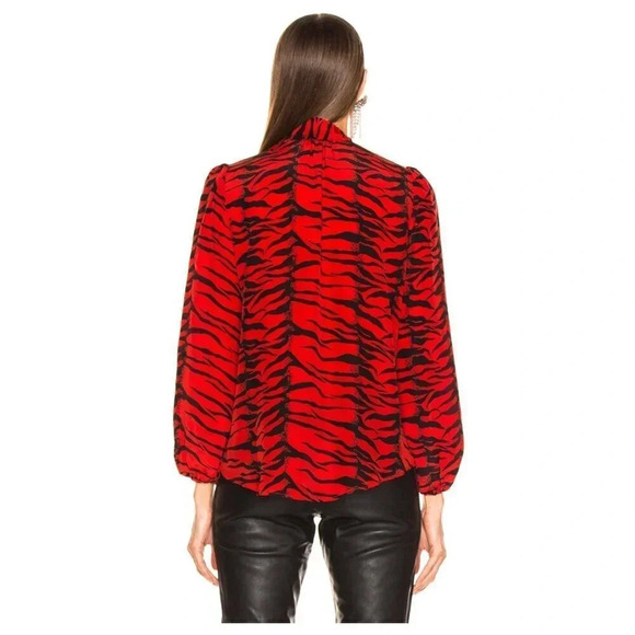 Rixo Moss Blouse Long Sleeve Shirt V-Neck Animal Print Tie Bow Silk Red Medium - Picture 7 of 11
